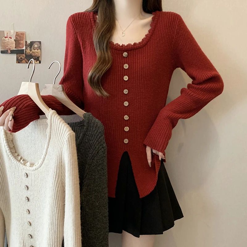 2024秋冬新款胖mm大码女时尚百搭蕾丝花边软糯针织上衣打底毛衣潮