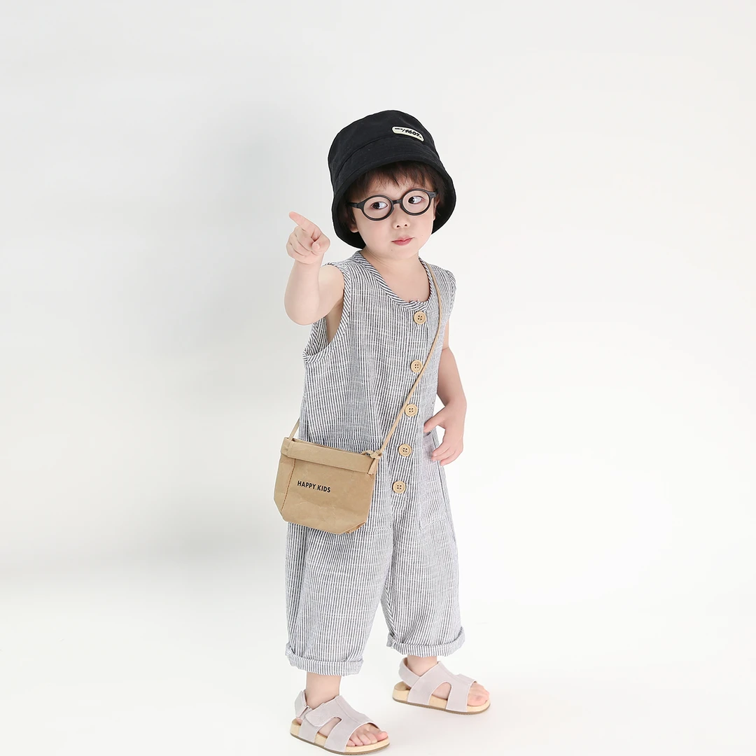 儿童夏季连体衣2025年薄款韩版细条纹百搭男童女童连体裤子九分裤