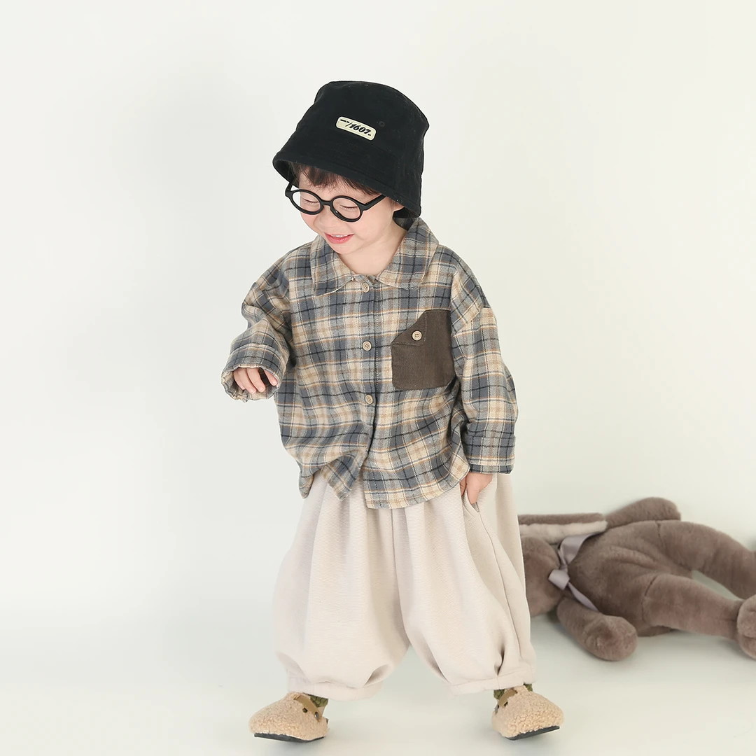 100%棉~儿童宝宝衬衫2025春季韩版撞色口袋复古格子水洗长袖开衫