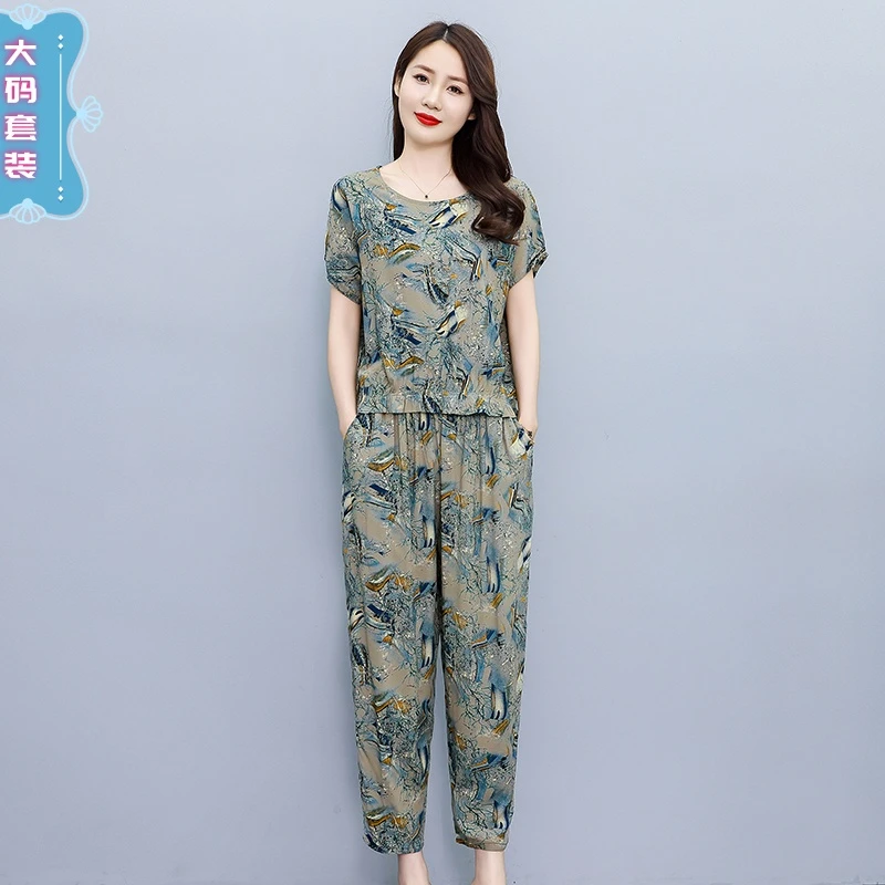 加肥加大宽松中国风棉绸套装显瘦宽松减龄大码显瘦时尚休闲套装