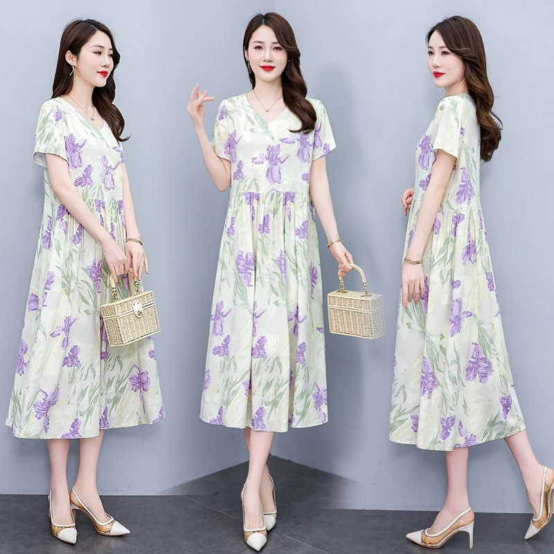 新款绵绸宽松连衣裙女装碎花连衣裙气质洋气时尚夏季过膝减龄长裙