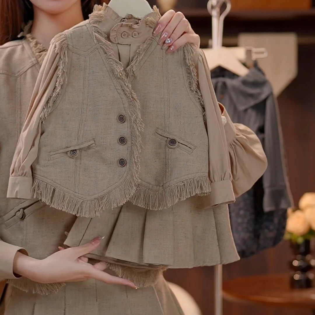 女童马甲春秋2025新款儿童学院风套装三件套洋气时尚女孩