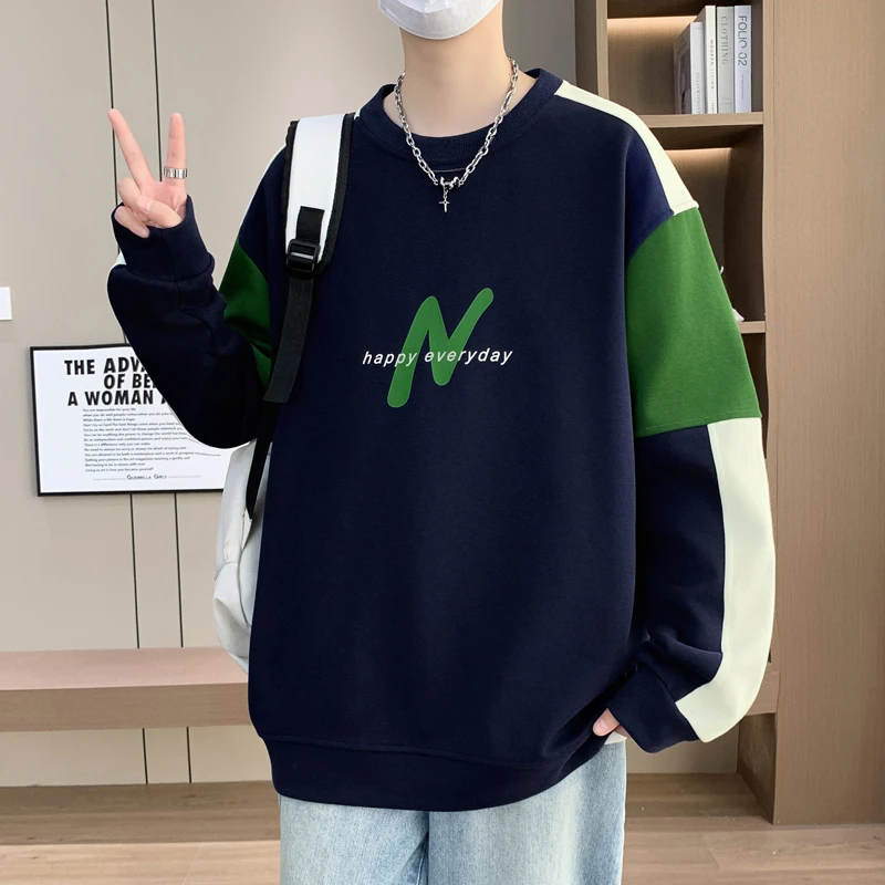 2025春秋季男士加绒加厚卫衣港风青少年学生时尚宽松百搭保暖上衣