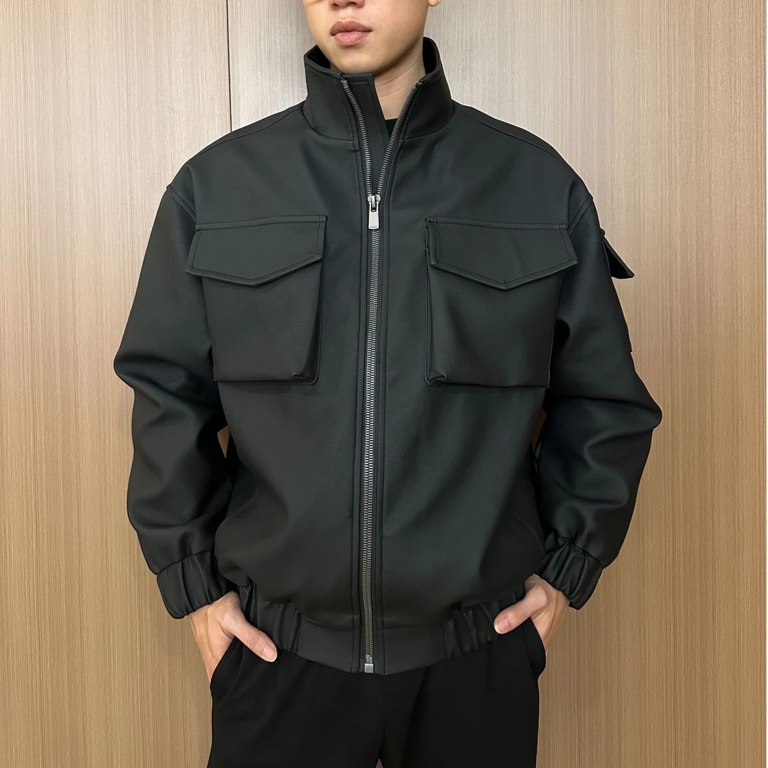 加绒027-1加厚飞行员夹克时尚设计机车风秋冬黑色宽松港风男士皮