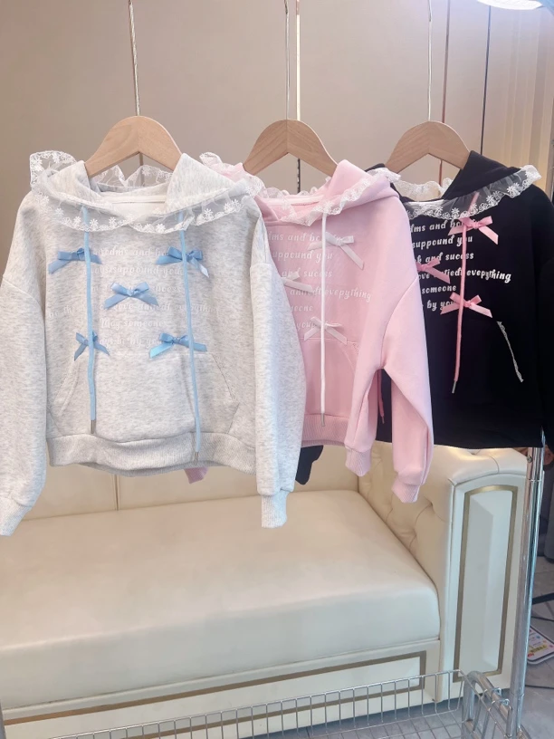 【小资女】2024秋款女童蕾丝连帽卫衣