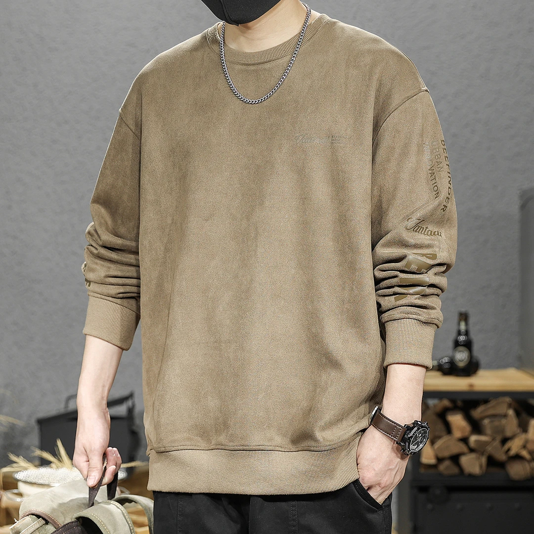 美式380g重磅复古印花卫衣男春秋款潮牌宽松大码麂皮绒长袖上衣服