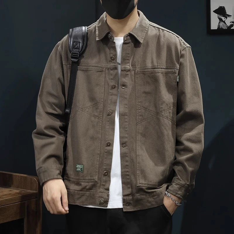 美式纯棉工装外套男士2026春秋潮牌复古大码宽松翻领夹克休闲衬衣