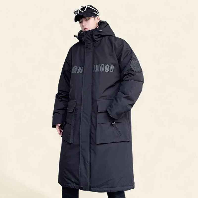 国潮新国标冬季潮牌加肥大码胖子羽绒服男中长款工装冲锋连帽外套
