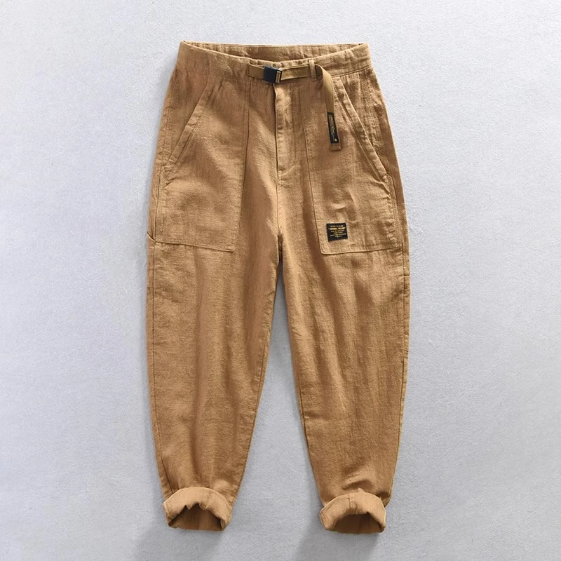 高品质男装美式休闲工装裤子男春秋季潮牌棉麻男裤亚麻松紧腰长裤