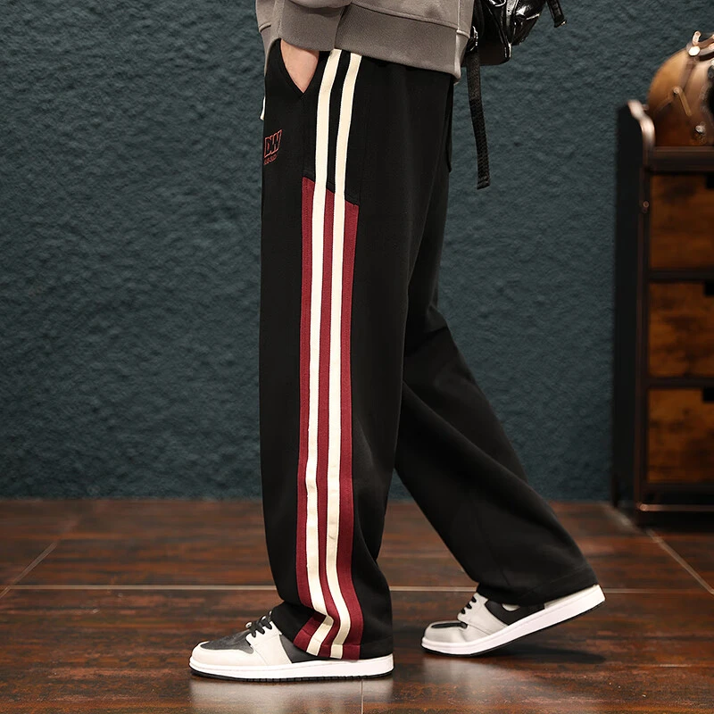 古先森春秋阔腿宽松直筒运动裤男士美式休闲裤卫裤大码条纹长裤子