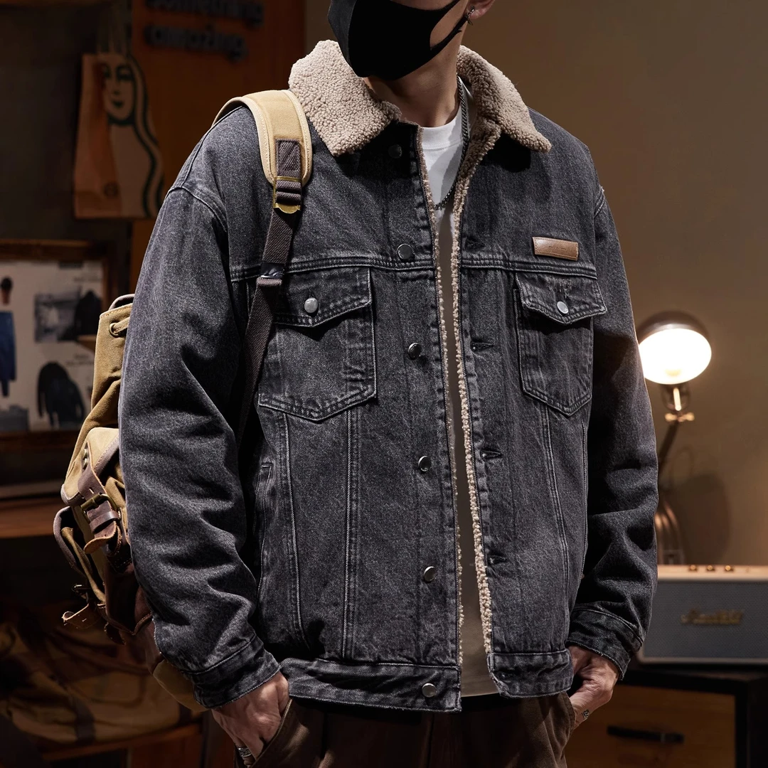 美式冬季加绒加厚牛仔外套男潮牌复古宽松大码羊羔绒保暖棉服夹克