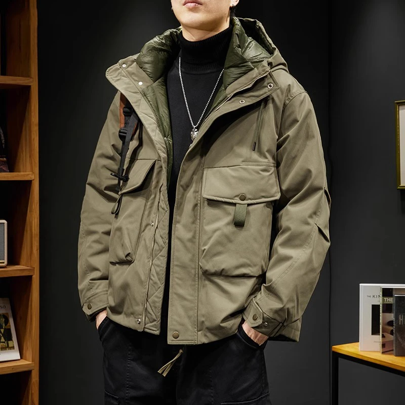 美式潮牌90白鸭绒短款工装羽绒服男士冬季新款加厚保暖连帽外套男