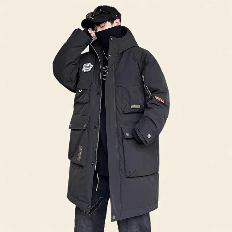 国潮爆款冬季鸭绒羽绒服男中长款连帽工装300斤大码胖子防寒外套