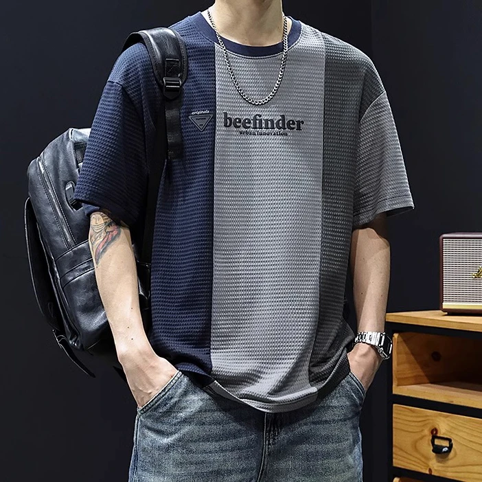 华夫格拼色短袖t恤男2026新款大码宽松夏季重磅潮牌半袖男装体恤T