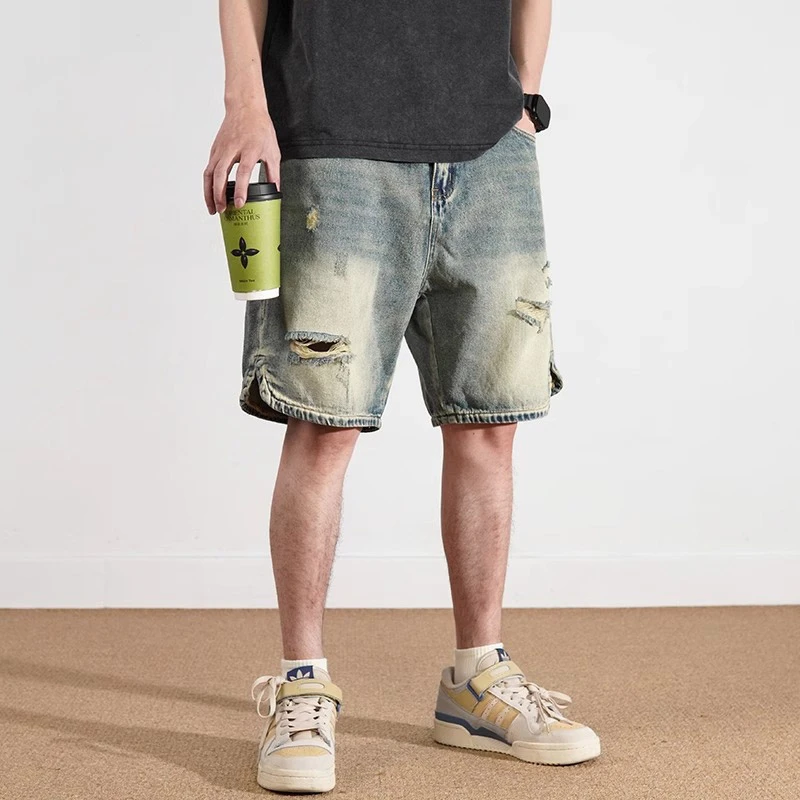 夏季新款牛仔短裤男士复古水洗破洞五分裤宽松大码直筒开叉中裤潮