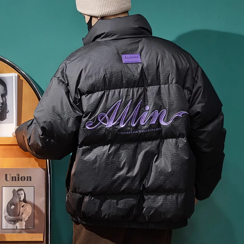 刺绣白鸭绒羽绒服男短款冬季潮牌时尚潮流宽松加厚面包服男士外套