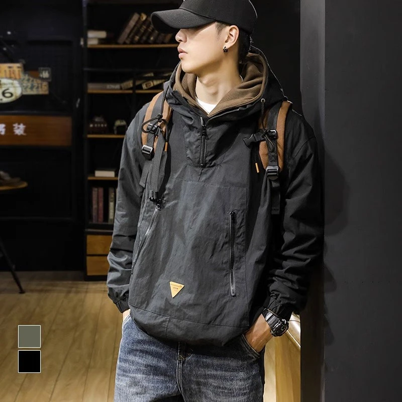 春秋山系户外美式半拉链连帽冲锋上衣外套男大码防风工装夹克男装