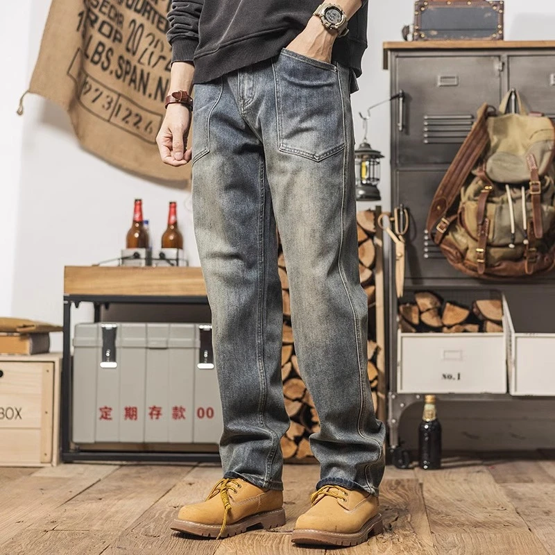 春秋美式重磅砂洗复古微弹工装牛仔裤男士宽松直筒裤潮流休闲裤子