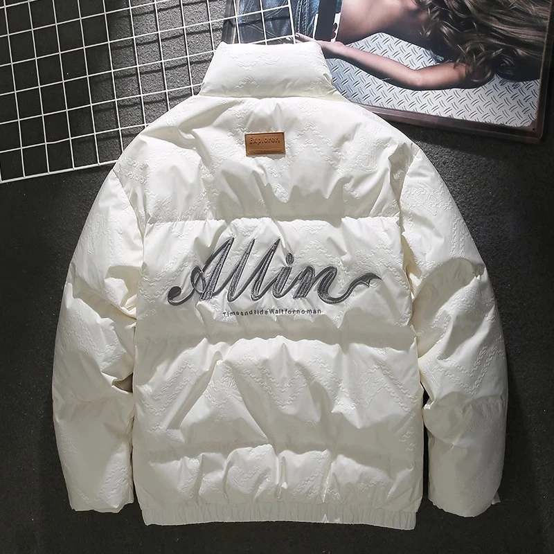 美式字母绣花压印羽绒服男士冬季潮牌加厚宽松立领保暖白鸭绒外套