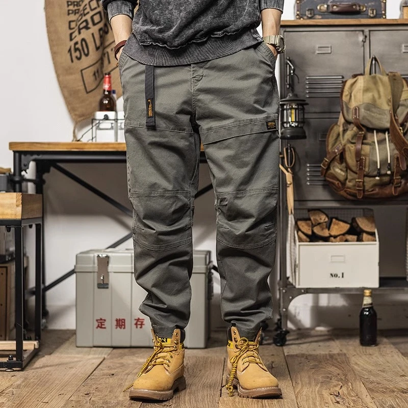 高档重磅工装休闲裤男微弹宽松直筒束脚裤美式潮流百搭魔术贴裤子