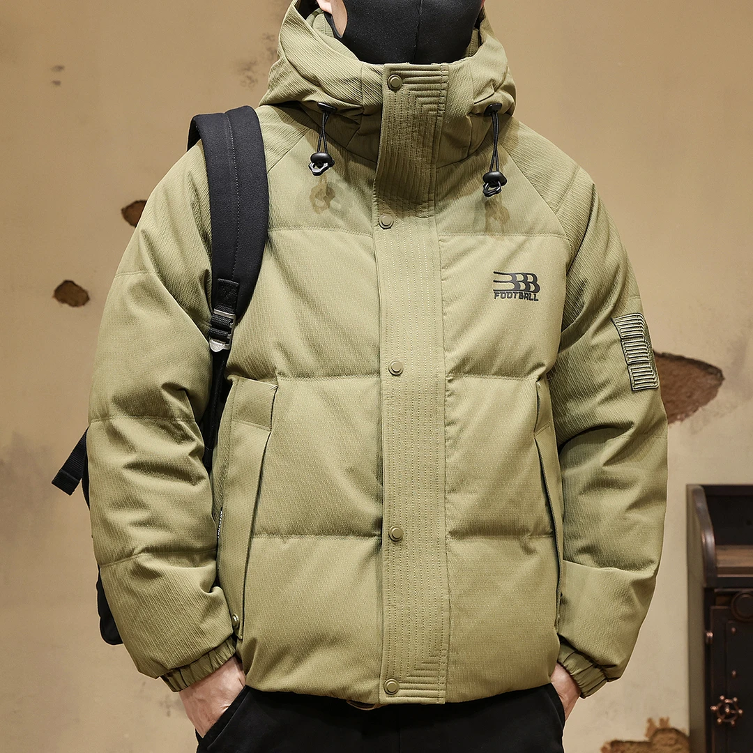 美式肌理感连帽鸭绒羽绒服男冬季加厚保暖大码宽松字母刺绣外套男