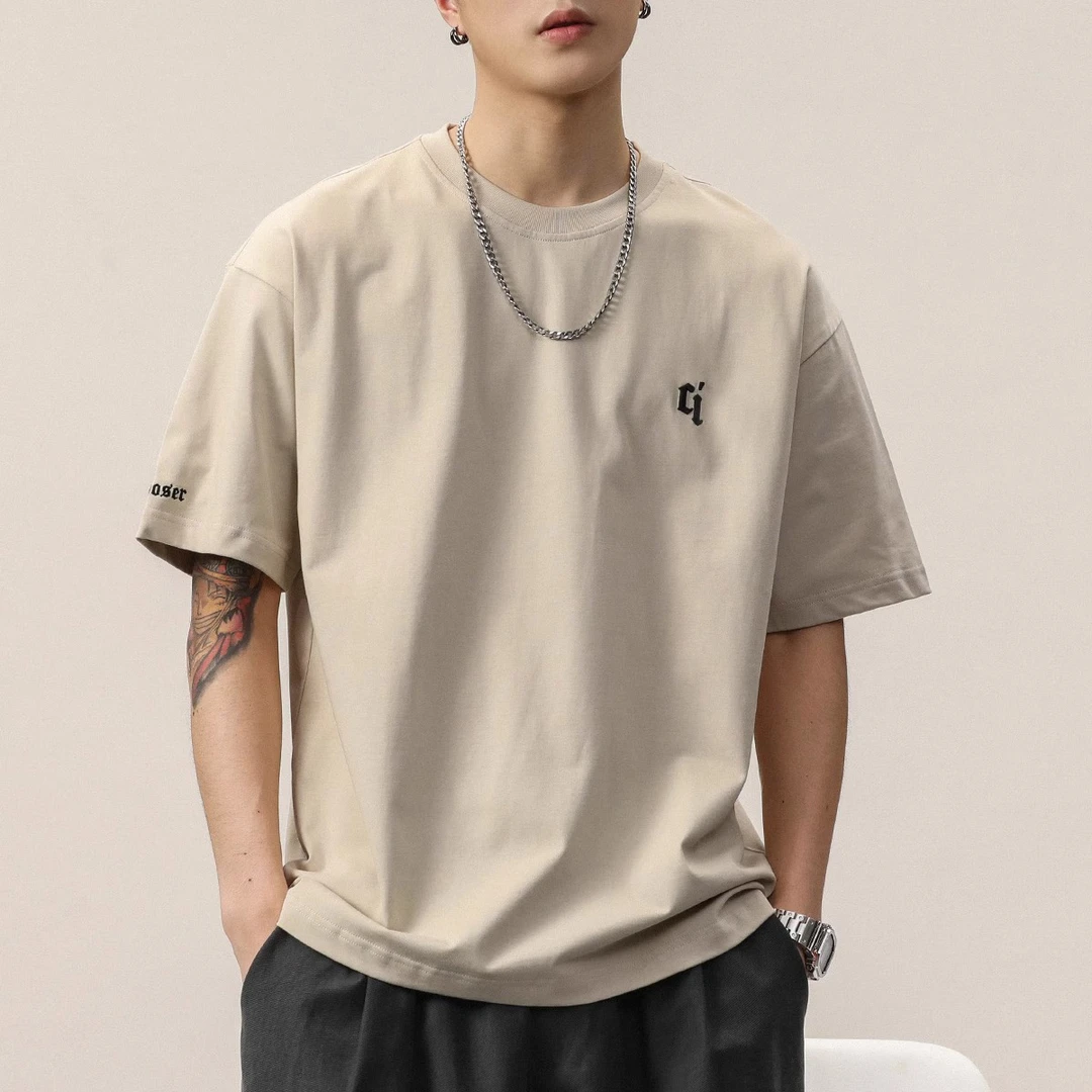 短袖t恤男日系简约刺绣半袖潮流百搭体恤美式纯棉230g重磅五分袖