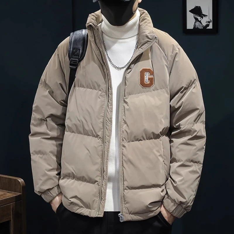 新款白鸭绒羽绒服男立领秋冬潮牌保暖加厚面包服字母刺绣情侣外套