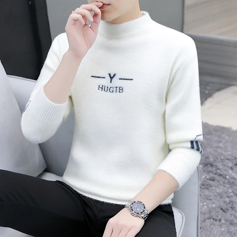 半高领水貂绒毛衣男士秋冬季新款加绒加厚青少年中领保暖打底衫