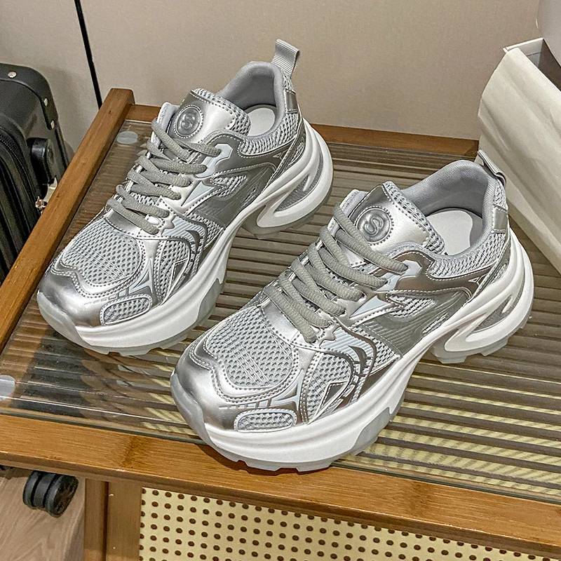 5201-夏季银色厚底增高老爹鞋女网面透气百搭休闲运动鞋子ins女鞋