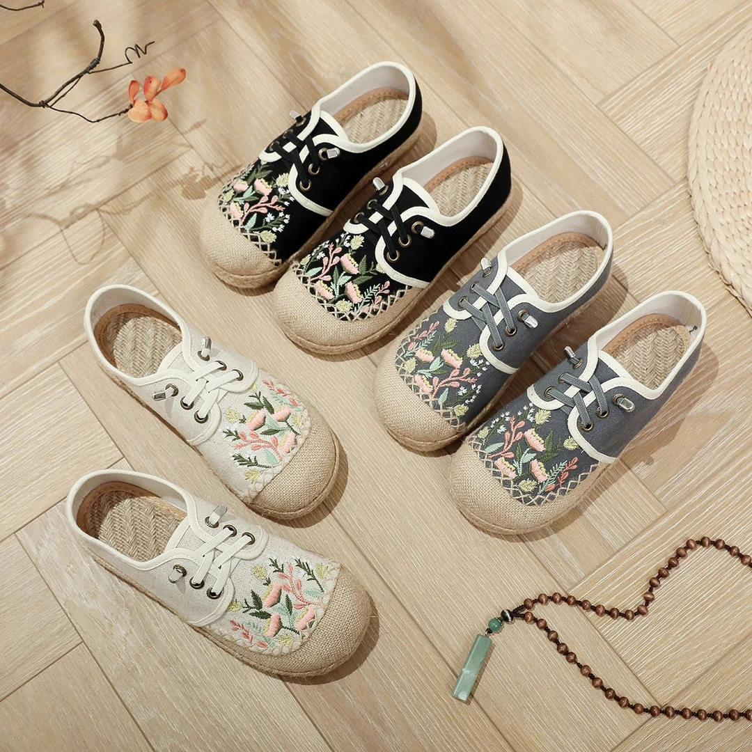 新款亚麻森女系透气单鞋一脚蹬绣花布鞋圆头舒适森系软底刺绣民