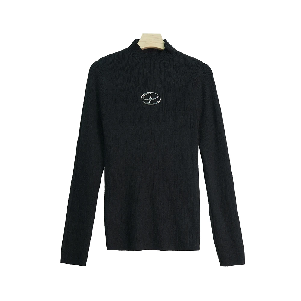 X24288【上新】简约百搭金属装饰半高领黑色洋气休闲秋冬打底毛衣3Q