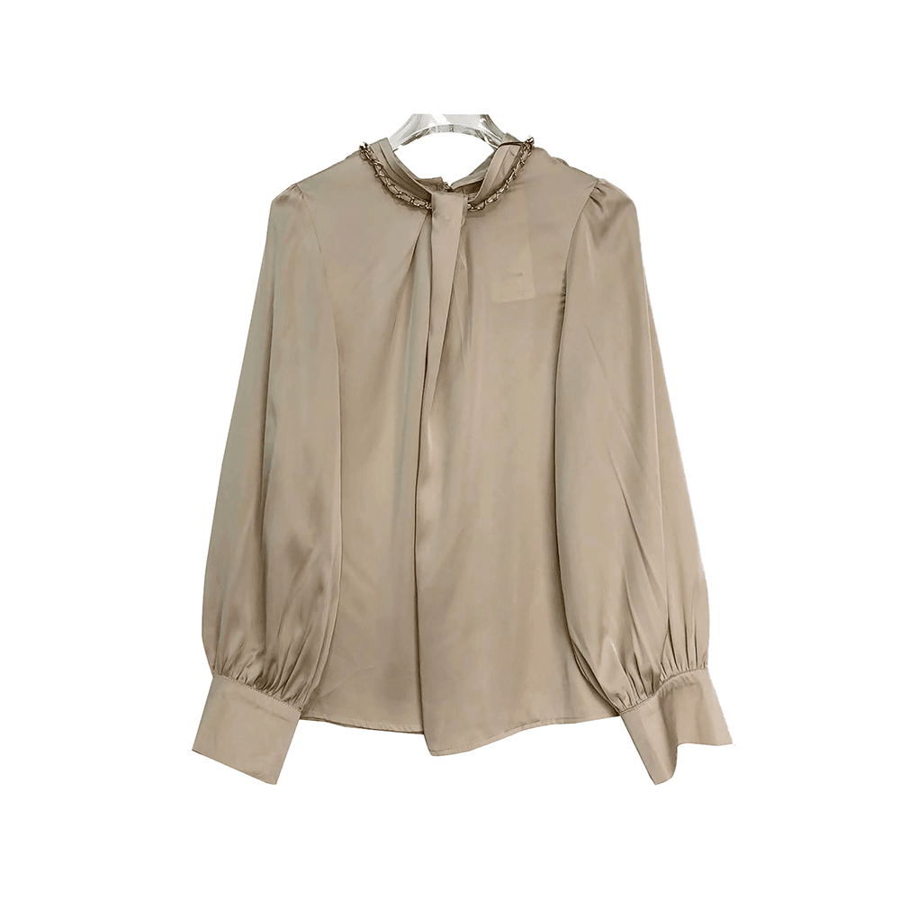 E8938【新款】时尚洋气显瘦圆领咖色长袖衬衫