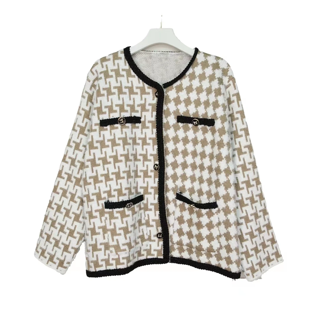 BL1253 卡其色法式复古温柔风休闲千鸟格小香风外套