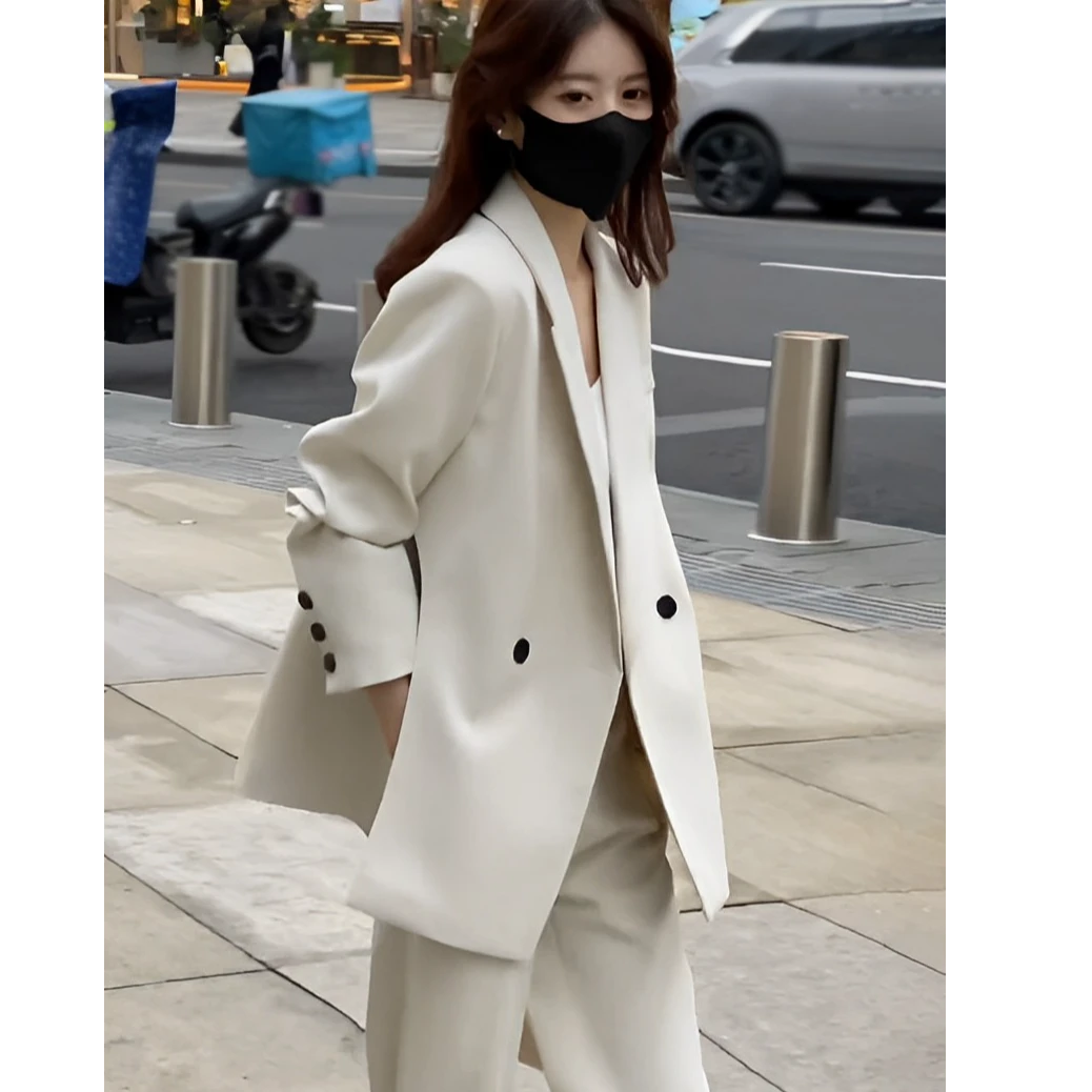 大码女白色西服套装秋季新款胖mm韩版宽松休闲西服外套高腰阔腿裤