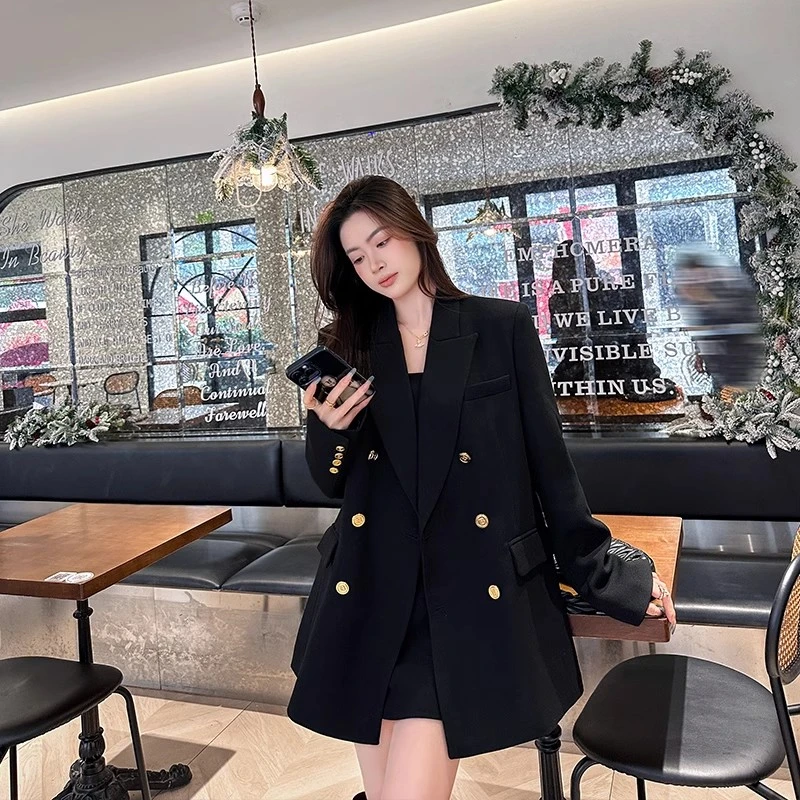 2025春秋大码黑色宽松西装外套女胖mm中长款设计感休闲气质小西服