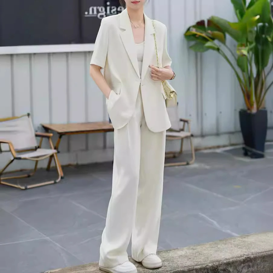 大码米白色时尚西装套装女胖mm夏季短袖西服阔腿裤通勤显瘦两件套