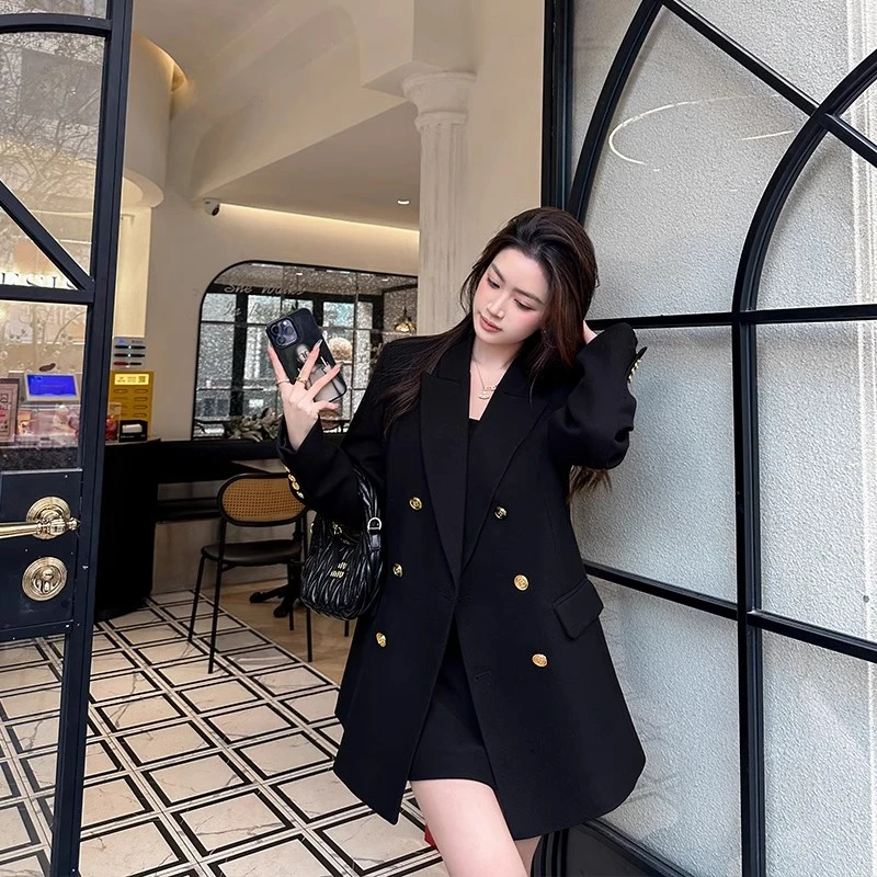 春秋大码时尚西装外套女胖mm双排扣宽松高级感黑色小西服职业上衣