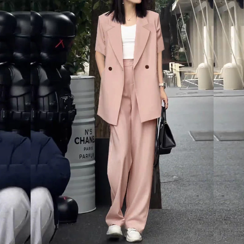 大码女装夏薄韩版小西装阔腿裤套装女胖mm200斤宽松短袖西服外套