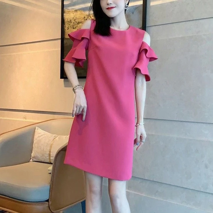 夏季大码女装荷叶袖露肩连衣裙胖mm高级感时尚藏肉显瘦长裙200斤
