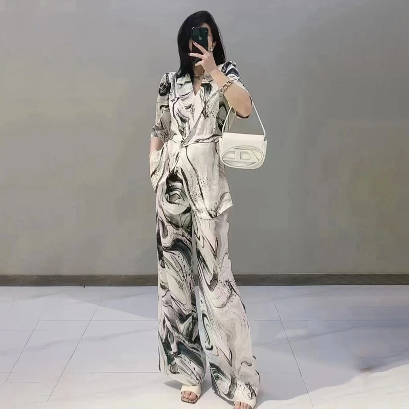 夏季大码女装宽松西装套装女胖mm水墨五分袖薄款外套阔腿裤两件套