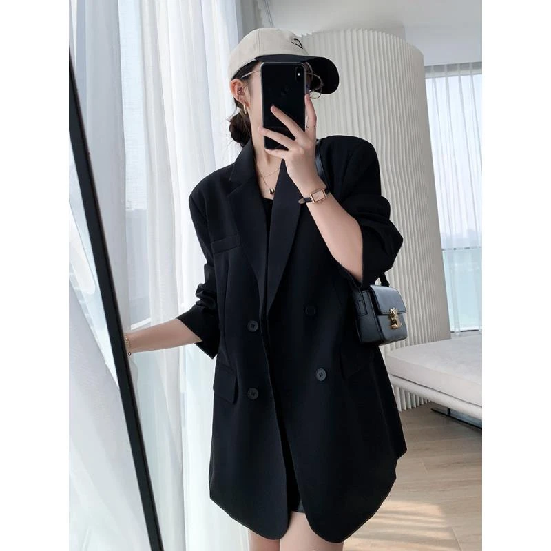 大码女装黑色西装外套女胖mm秋季新款职业宽松休闲中长款西服上衣