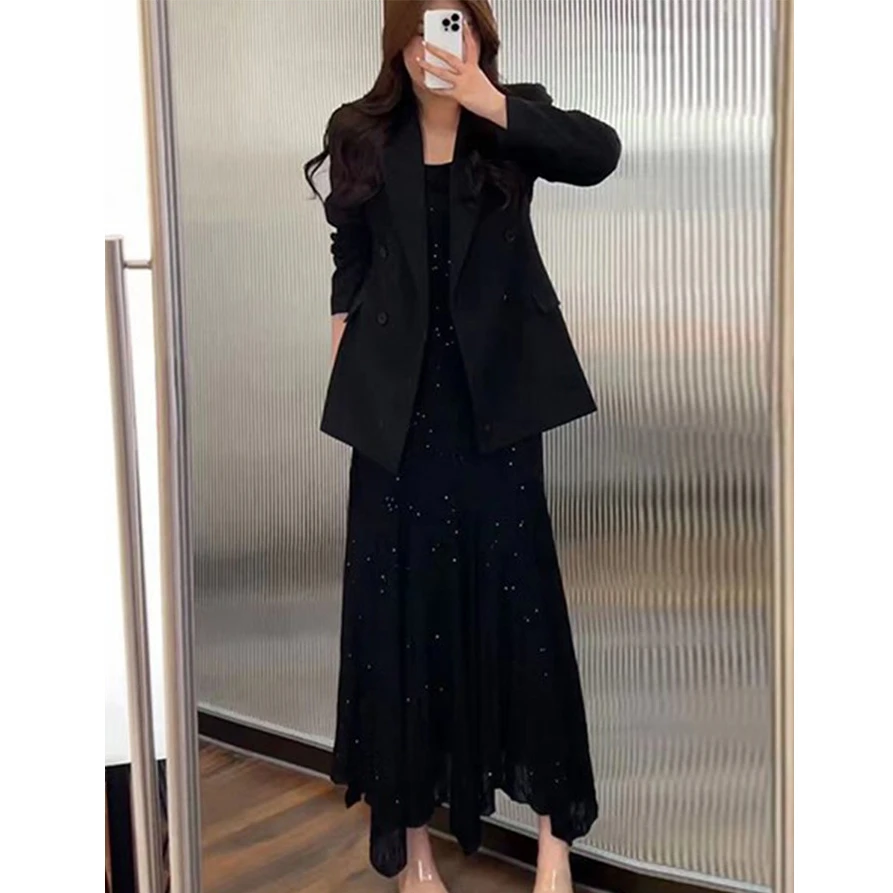 大码女装秋微胖mm套装小西装外套时尚气质显瘦吊带裙两件套200斤