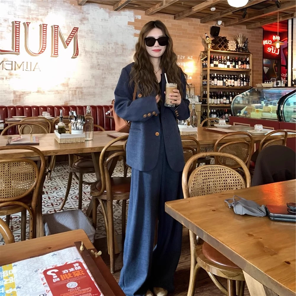 大码时尚阔腿裤西服套装女2025春季新款胖mm时尚老钱风宽松小西装