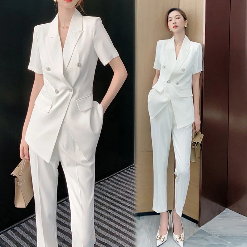 夏季新款大码女装白色短袖薄款西装套装胖mm职业九分小脚裤两件套