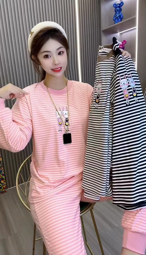 加厚磨绒条纹睡衣套装小兔子刺绣家居服套装