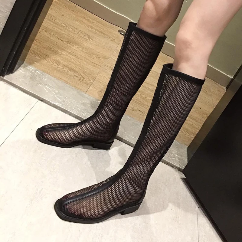 网红靴子女夏季薄款低跟镂空长靴新款网纱粗跟中筒靴时尚透气网靴