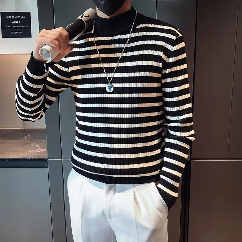 秋冬季半高领毛衣男装高级感潮牌条纹上衣内搭潮流保暖针织打底衫