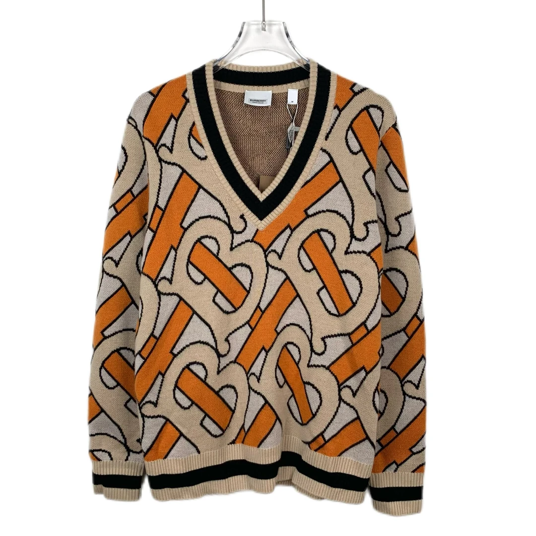 99新 BURBERRY/博柏利 H9896 拼色logo字母V领绵羊毛针织衫 M码