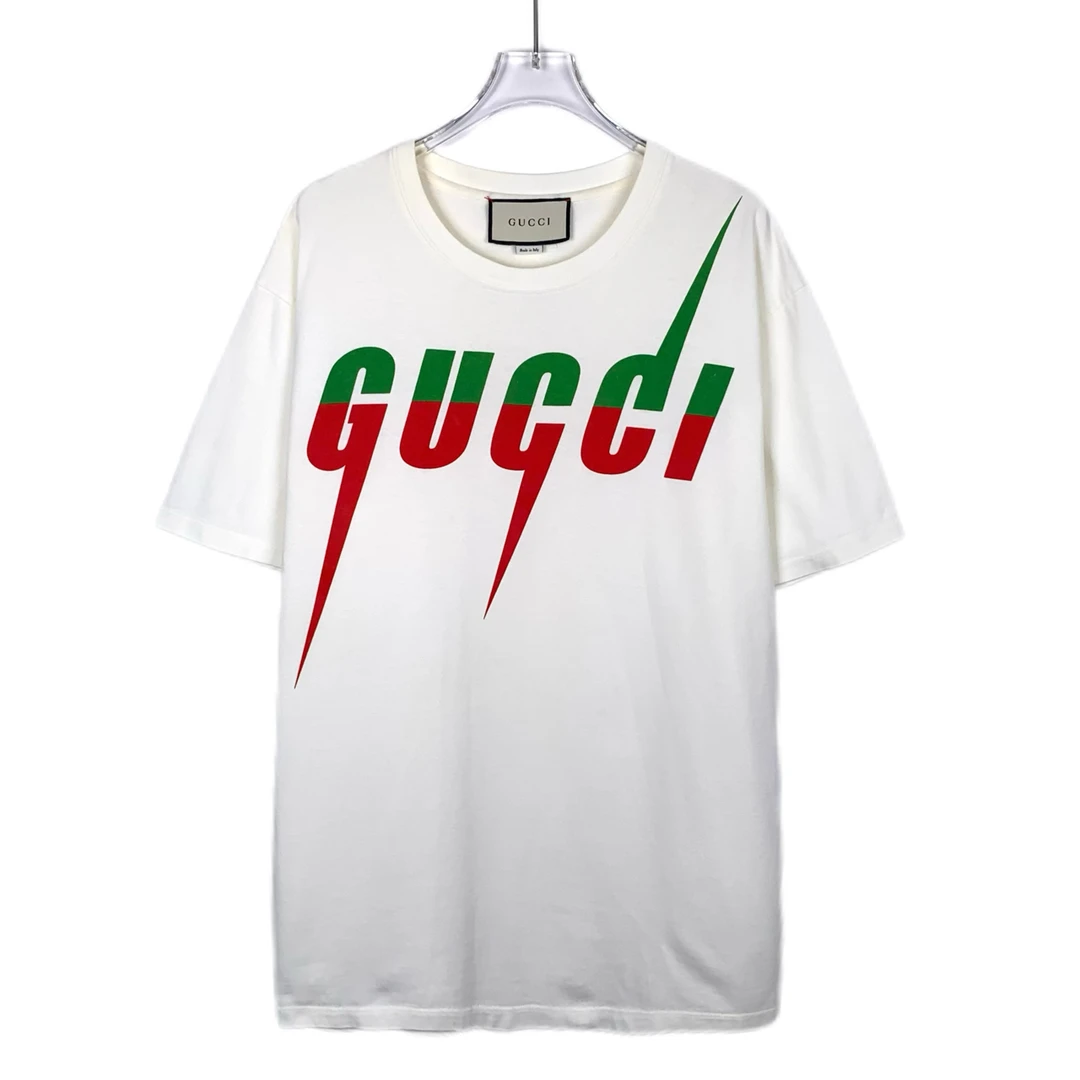 95新 GUCCI/古驰 014522 logo字母印花米白色圆领棉质短袖T恤 M码