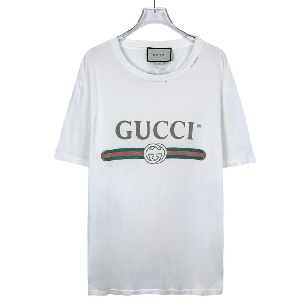 99新 GUCCI/古驰 013638 logo字母印花圆领白色破坏风短袖 XS码